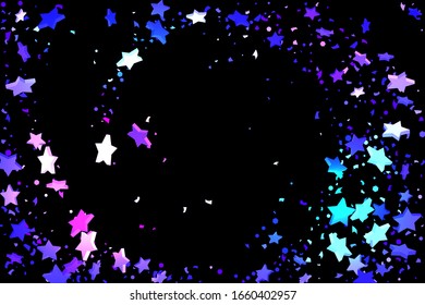Starry Confetti. Shooting star background. Random stars shine on a black background. Dark sky in shining blue, pink, green, purple colors. Suitable for your design, cards, invitations, gifts.