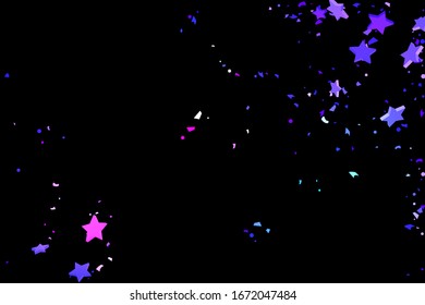 Starry Confetti. Shooting star background. Random stars shine on a black background. Dark sky in shining blue, pink, green, purple colors. Suitable for your design, cards, invitations, gifts.