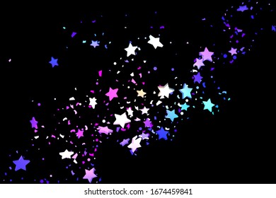 Starry Confetti. Shooting star background. Random stars shine on a black background. Dark sky in shining blue, pink, green, purple colors. Suitable for your design, cards, invitations, gifts.