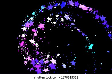Starry Confetti. Shooting star background. Random stars shine on a black background. Dark sky in shining blue, pink, green, purple colors. Suitable for your design, cards, invitations, gifts.