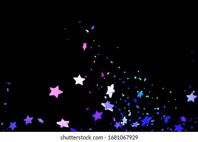 Starry Confetti. Shooting star background. Random stars shine on a black background. Dark sky in shining blue, pink, green, purple colors. Suitable for your design, cards, invitations, gifts.