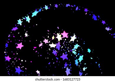 Starry Confetti. Shooting star background. Random stars shine on a black background. Dark sky in shining blue, pink, green, purple colors. Suitable for your design, cards, invitations, gifts.