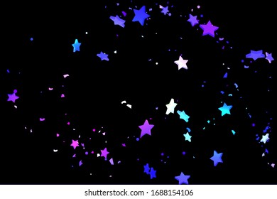 Starry Confetti. Shooting star background. Random stars shine on a black background. Dark sky in shining blue, pink, green, purple colors. Suitable for your design, cards, invitations, gifts.