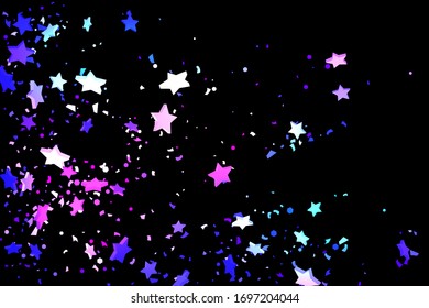 Starry Confetti. Shooting star background. Random stars shine on a black background. Dark sky in shining blue, pink, green, purple colors. Suitable for your design, cards, invitations, gifts.