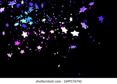 Starry Confetti. Shooting star background. Random stars shine on a black background. Dark sky in shining blue, pink, green, purple colors. Suitable for your design, cards, invitations, gifts.