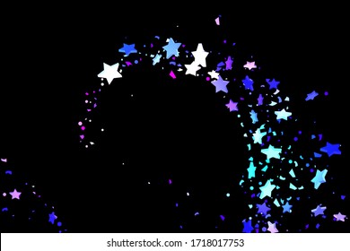 Starry Confetti. Shooting star background. Random stars shine on a black background. Dark sky in shining blue, pink, green, purple colors. Suitable for your design, cards, invitations, gifts.
