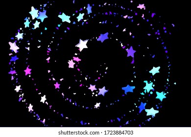 Starry Confetti. Fondo de estrella de tiro. Las estrellas al azar brillan en un fondo negro. El cielo oscuro en colores azul brillante, rosa, verde, violeta. Adecuado para su diseño, tarjetas, invitaciones, regalos.