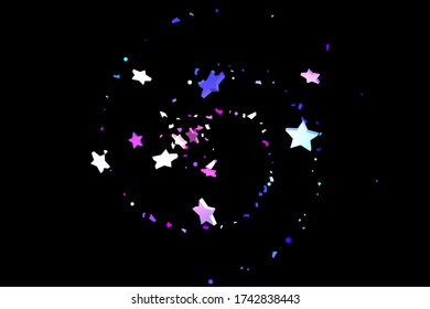 Starry Confetti. Shooting star background. Random stars shine on a black background. Dark sky in shining blue, pink, green, purple colors. Suitable for your design, cards, invitations, gifts.