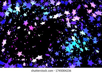Starry Confetti. Shooting star background. Random stars shine on a black background. Dark sky in shining blue, pink, green, purple colors. Suitable for your design, cards, invitations, gifts.