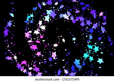 Starry Confetti. Shooting star background. Random stars shine on a black background. Dark sky in shining blue, pink, green, purple colors. Suitable for your design, cards, invitations, gifts.