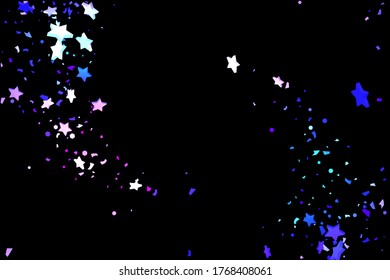 Starry Confetti. El fondo de la estrella de tiro. Las estrellas al azar brillan en un fondo negro. Cielo oscuro en colores azul brillante, rosa, verde, violeta. Adecuado para tu diseño, tarjetas, invitaciones, regalos.