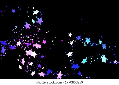 Starry Confetti. Shooting star background. Random stars shine on a black background. Dark sky in shining blue, pink, green, purple colors. Suitable for your design, cards, invitations, gifts.