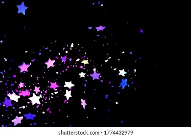 Starry Confetti. Shooting star background. Random stars shine on a black background. Dark sky in shining blue, pink, green, purple colors. Suitable for your design, cards, invitations, gifts.