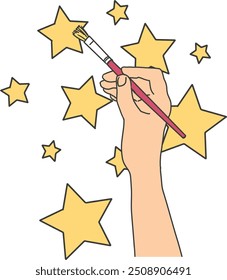 Starry Craft Hand with Brush Painting Stars. Ideal for use in educational materials related to art and creativity, children's books, or any project that aims to inspire creativity and dream-making.