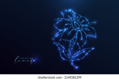 Starry daisy on black background. Flower in the universe, constellated or holographic style. Blue neon lights .