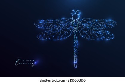 Una libélula estrellada. Insecto estilizado sobre fondo azul. Luz de neón en el espacio, Silueta de modelo futurista con estrellas, resplandor y líneas.