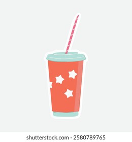 Starry Drink Cup Sticker - Vector Illustration. Cute vector sticker of a drink cup with stars and a striped straw. Ideal for fun decorations, digital designs, and scrapbooking projects