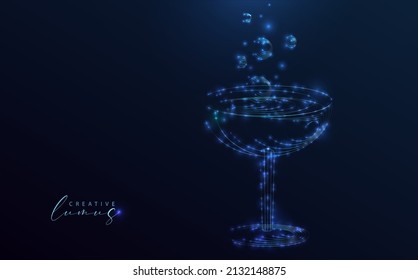 Starry Drink icon isolated on blue background. Neon light in the universe.  Champagne glass tuquoise color. Holographic style vector.