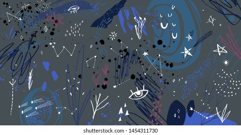 Starry Earth space scene vector, foggy galaxy texture. Dark colors. Stars and planets illustration. Good for poster, wallpaper, banner, layout, cover design and more