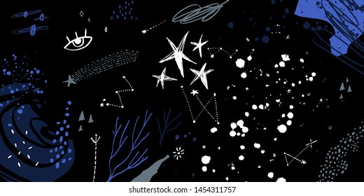 Starry Earth space scene vector, foggy galaxy texture. Dark colors. Stars and planets illustration. Good for poster, wallpaper, banner, layout, cover design and more
