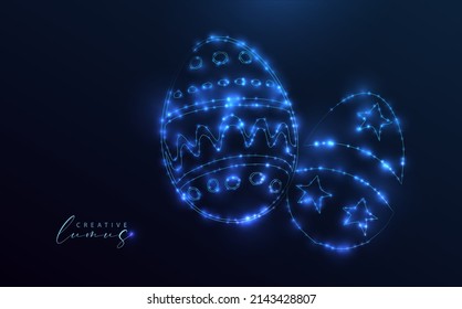 Starry Easter Eggs. Festively designed eggs with neon light. Holographic style, blue lights in the universe.
