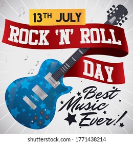 Starry electric guitar decorated with greeting ribbon, music notes and reminder date in tape to celebrate Rock 'n' Roll Day this 13th July.