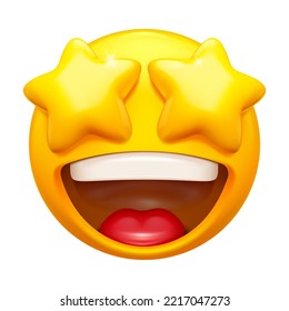 Starry eyed emoji. Excited emoticon face with yellow star shaped eyes and happy wide opened mouth 3D vector icon