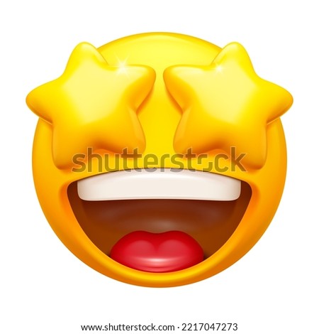 Starry eyed emoji. Excited emoticon face with yellow star shaped eyes and happy wide opened mouth 3D vector icon