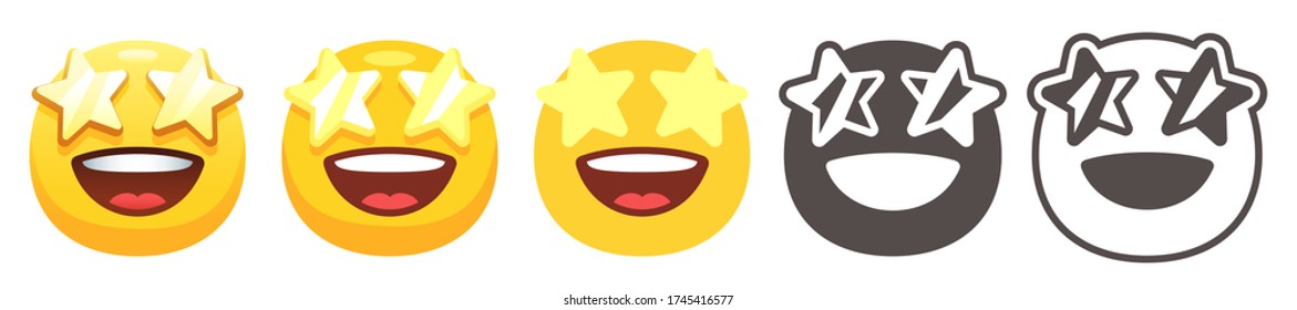 Starry eyed emoji. Excited yellow face with open smile and golden stars for eyes. Star-struck emoticon, wow flat vector icon set