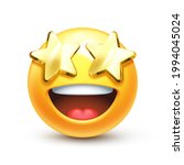 Starry eyed emoji. Golden stars for eyes excited emoticon with open smile 3D stylized vector icon