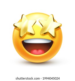 Starry eyed emoji. Golden stars for eyes excited emoticon with open smile 3D stylized vector icon