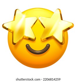 Starry eyed emoji. Golden stars for eyes excited emoticon with smile 3D stylized vector icon