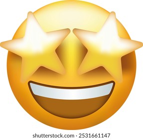 Starry eyed Emoji. Goldene Sterne für Augen begeistert Emoticon mit offenem Lächeln.