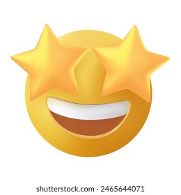 Starry eyed emoji. Love, excited emoji. Golden stars for eyes excited emoticon with open smile 3D stylized vector icon. Avatar kawaii style. 