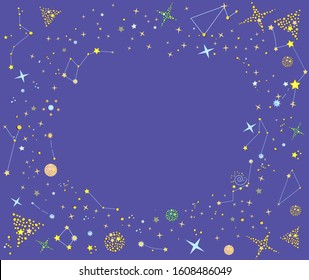 Starry frame with empty space for text on the blue background. Vector illustration of magic frame with stars, planets, constellations for your decor and design.