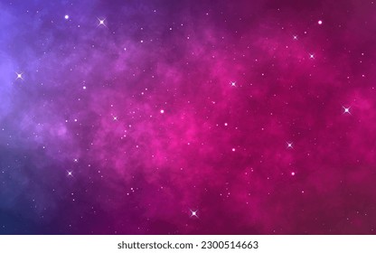 Starry galaxy with bright stars. Fantasy wallpaper with color nebula. Modern cosmic background for website or poster. Deep space with stardust. Vector illustration.