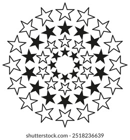 Starry geometric mandala. Circular star pattern. Concentric star arrangement. Vector star design.