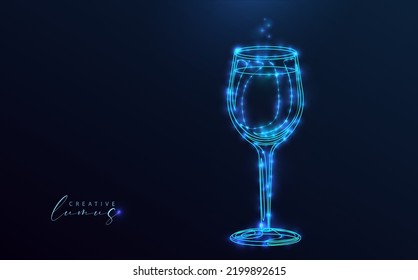 Starry glass on deep blue background. Silhouette of wine or champagne glass with stars, light dots, light globes and blue neon. Constellation style, futuristico, moderno.