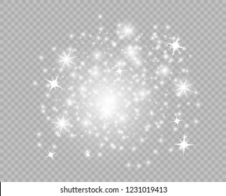 Starry glittering dust elements. Glowing light particles. Christmas abstract glitter decoration. Vector element isolated on a transparent background.