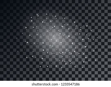 Starry glittering dust elements. Glowing light particles. Christmas abstract glitter decoration. Vector element isolated on a transparent background.