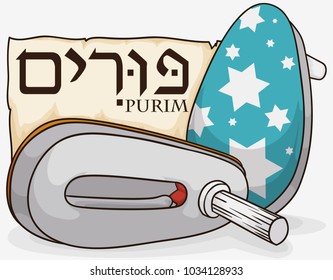 Starry gragger and other one made out of metal over a scroll for Purim (written in Hebrew) celebration.