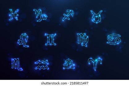 Starry icons of zodiac signs. Stylized symbols with blue neon lights, constellation style in the universe. Astrology theme.