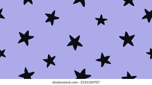 Starry Irregular Seamless Vector Pattern. Hand Drawn Simple Starry Print for Fabric, Textile, Wrapping Paper. Infantile Style Abstract Galaxy Design. Black Stars Isolated on a Violet Background. RGB.