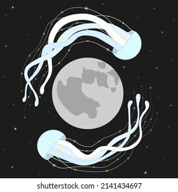 Starry jellyfish circling around Moon