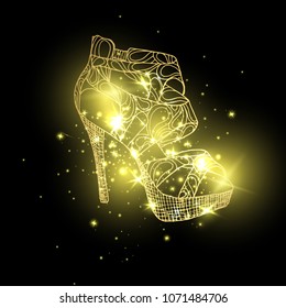 Starry lady sandals or woman T-strap, shining girl shoes. Golden female boots with blinking stars, women clothing accessory in cosmos. Glamor and shopping, vogue and trend, boutique theme