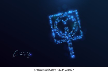 Starry lollipop on a dark blue background. Stylized symbol with glittering neon stars. Dotted, holographic, modern style.