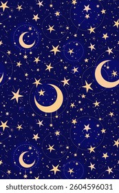 Starry magical night sky strewn with decorated stars and moons. Seamless pattern