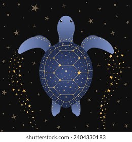 Starry magical turtle float among stars on a night sky. Cute cartoon tortoise swimming in a space ocean, flat vector illustration