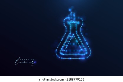 Starry medical test tube icon. Neon silhouette chemical symbol, with blue stars, glowing lights, shiny dots. Lab equipments, vector image. 