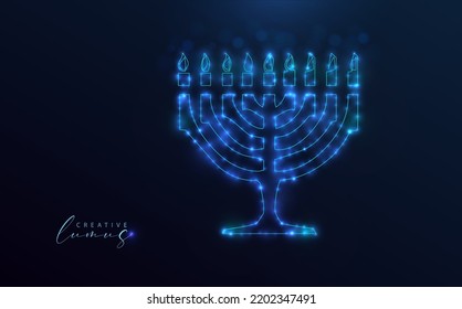 Starry Menorah drawing. Stars and blue neon decoration on deep space. Traditional chandelier, ornate silhouette for Happy Hanukkah. Symbol of the Jewish festival of lights.	